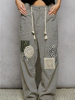 POL Black & White Striped Wide-Leg Pants with Patchwork & Crochet